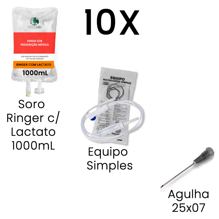 Kit 10x Ringer com Lactato / 1000mL / Bolsa / 10x Agulha 25x07 / 10x Equipo Simples
