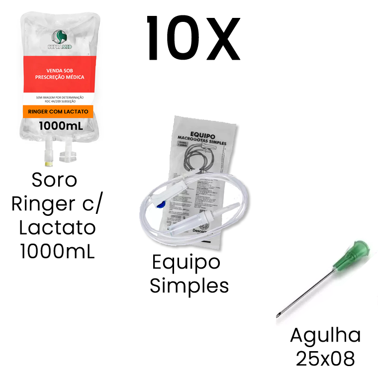 Kit 10x Ringer com Lactato / 1000mL / Bolsa / 10x Agulha 25x08 / 10x Equipo Simples