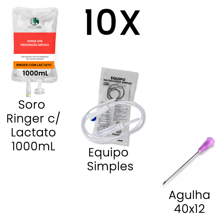 Kit 10x Ringer com Lactato / 1000mL / Bolsa / 10x Agulha 40x12 / 10x Equipo Simples
