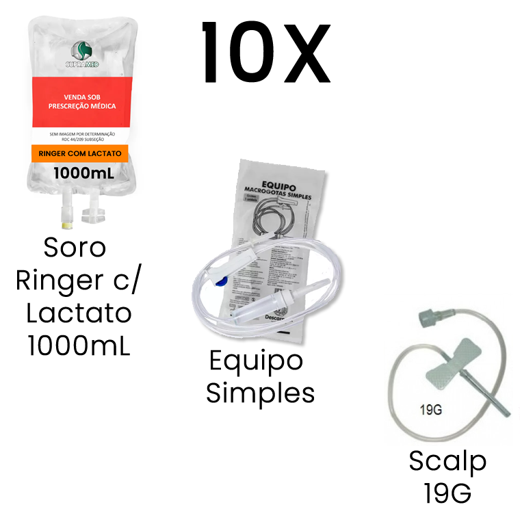 Kit 10x Ringer com Lactato / 1000mL / Bolsa / 10x Escalpe 19G / 10x Equipo Simples