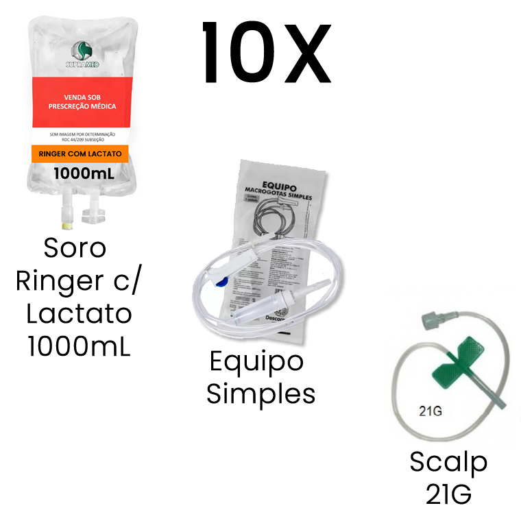 Kit 10x Ringer com Lactato / 1000mL / Bolsa / 10x Escalpe 21G / 10x Equipo Simples