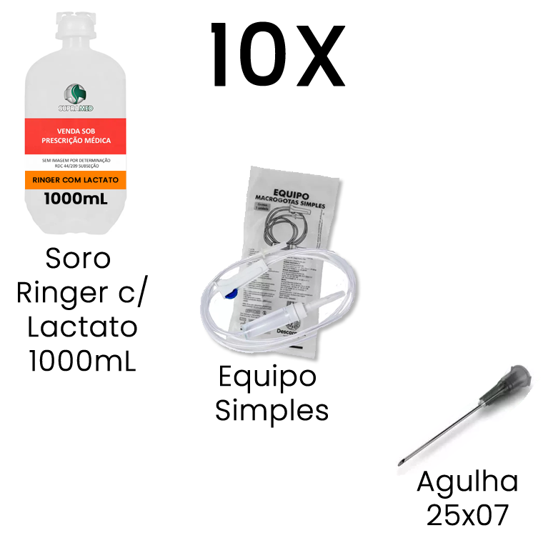 Kit 10x Ringer com Lactato / 1000mL / Frasco / 10x Agulha 25x07 / 10x Equipo Simples