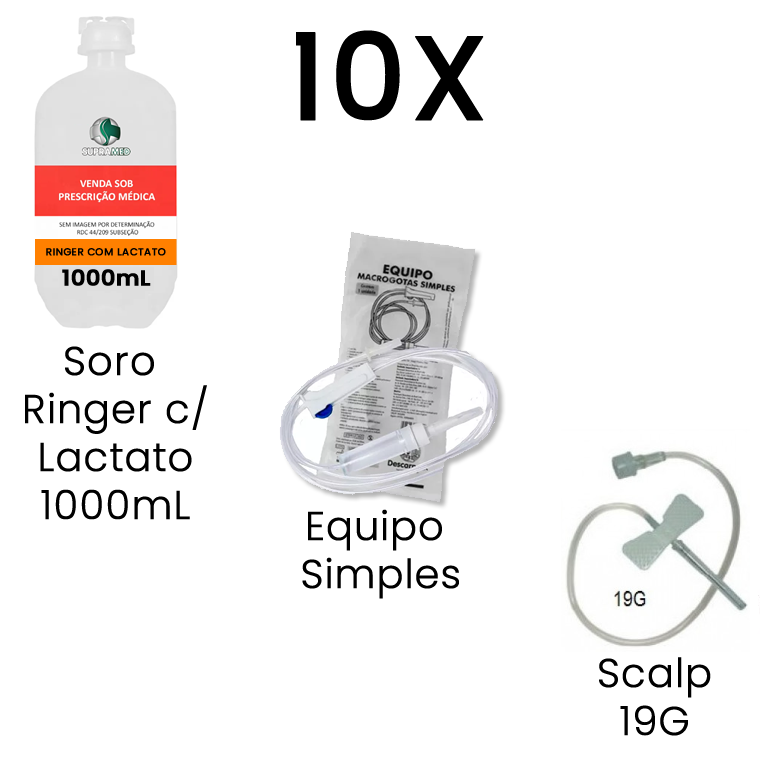 Kit 10x Ringer com Lactato / 1000mL / Frasco / 10x Escalpe 19G / 10x Equipo Simples