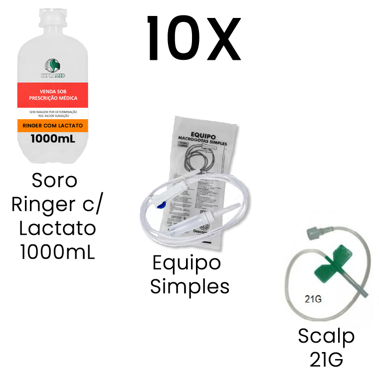 Kit 10x Ringer com Lactato / 1000mL / Frasco / 10x Escalpe 21G / 10x Equipo Simples