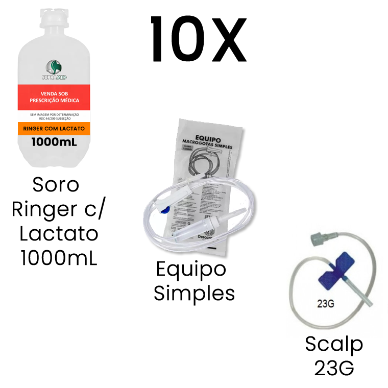 Kit 10x Ringer com Lactato / 1000mL / Frasco / 10x Escalpe 23G / 10x Equipo Simples