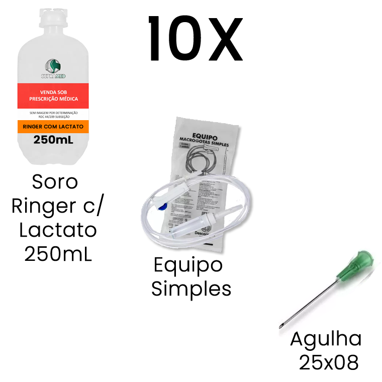 Kit 10x Ringer com Lactato / 250mL / Frasco / 10x Agulha 25x08 / 10x Equipo Simples