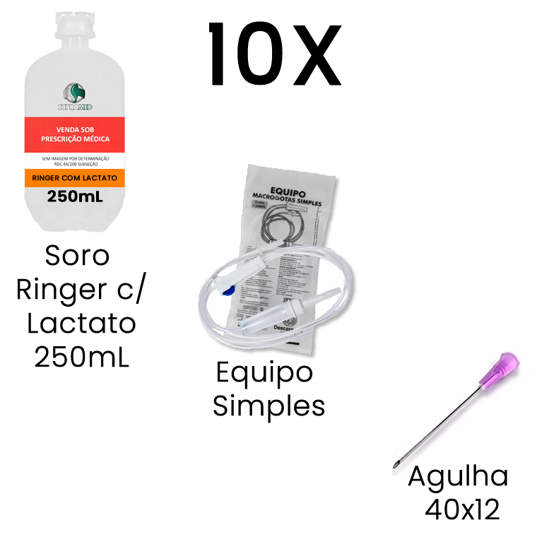 KIT 10x Ringer com Lactato 250mL  Frasco / 10x  Agulha 40x12 / 10x Equipo Simples
