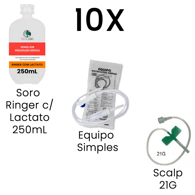 Kit 10x Ringer com Lactato / 250mL / Frasco / 10x Escalpe 21G / 10x Equipo Simples