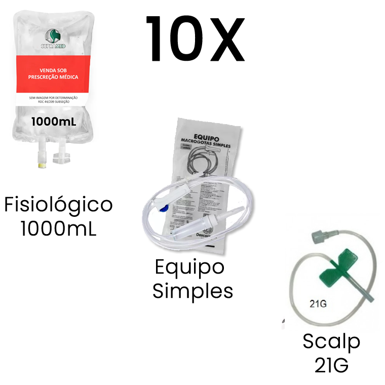 Kit 10x Soro Fisiológico / 1000mL / Bolsa / 10x Escalpe 21G / 10x Equipo Simples