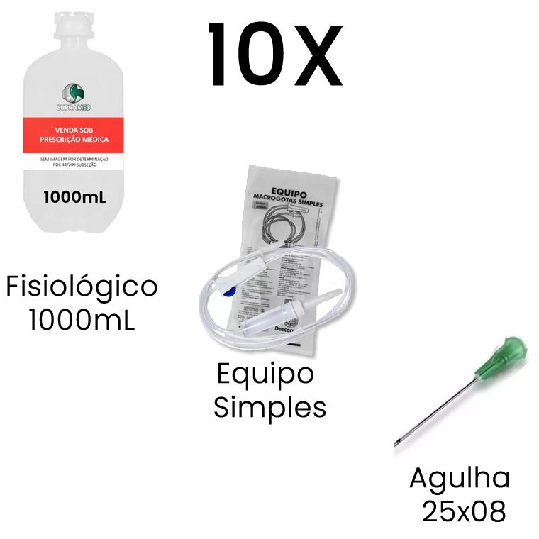 Kit 10x Soro Fisiológico / 1000mL / Frasco / 10x Agulha 25x08 / 10x Equipo Simples