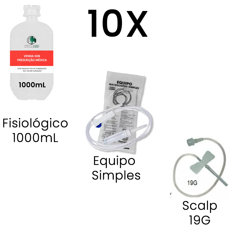 Kit 10x Soro Fisiológico / 1000mL / Frasco / 10x Escalpe 19G / 10x Equipo Simples
