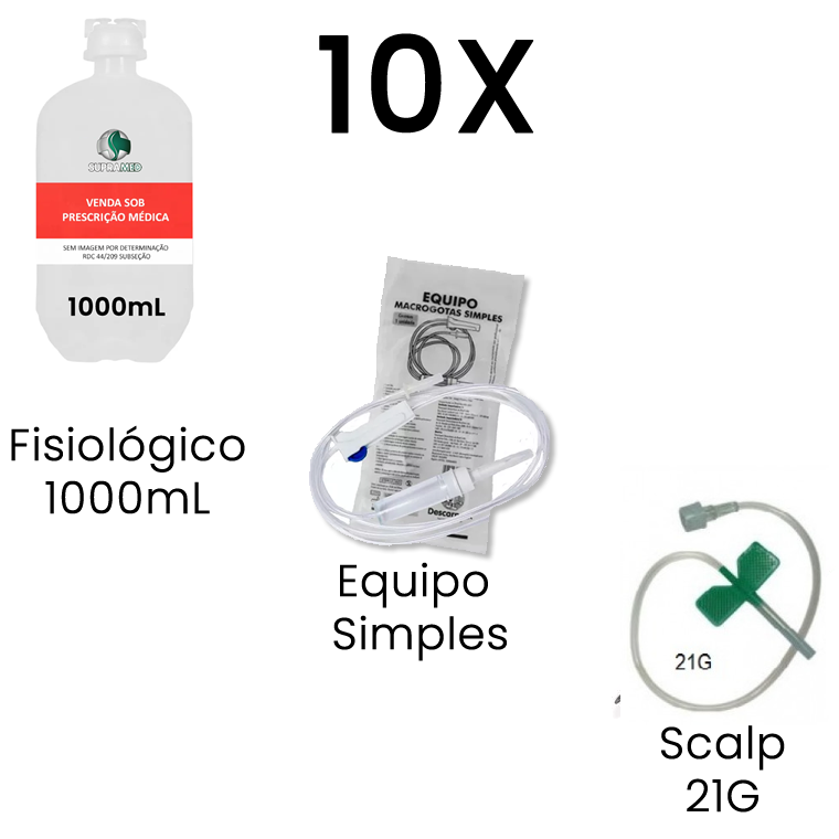 KIT 10x Soro Fisiológico 500mL Frasco / 10x Escalpe 21G / 10x Equipo Macrogotas Simples