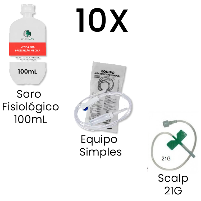 KIT 10x Soro Fisiológico 100mL Frasco / 10x Escalpe 21G / 10x Equipo Macrogotas Simples