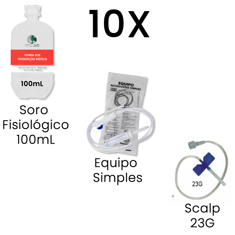 KIT 10x Soro Fisiológico 100mL Frasco / 10x Escalpe 23G / 10x Equipo Macrogotas Simples