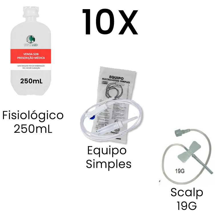 KIT 10x Soro Fisiológico 250mL Frasco / 10x Escalpe 19G / 10x Equipo Macrogotas Simples