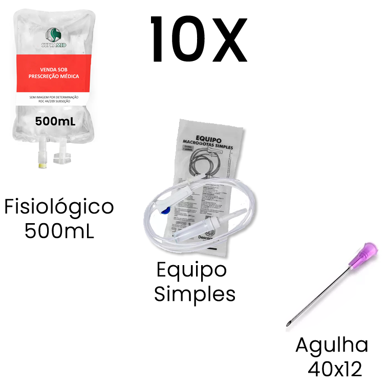 KIT 10x Soro Fisiológico 500mL Bolsa / 10x Agulha 40x12 / 10x Equipo Macrogotas Simples