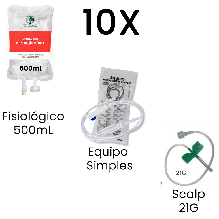 Kit 10x Soro Fisiológico / 500mL / Bolsa / 10x Escalpe 21G / 10x Equipo Simples