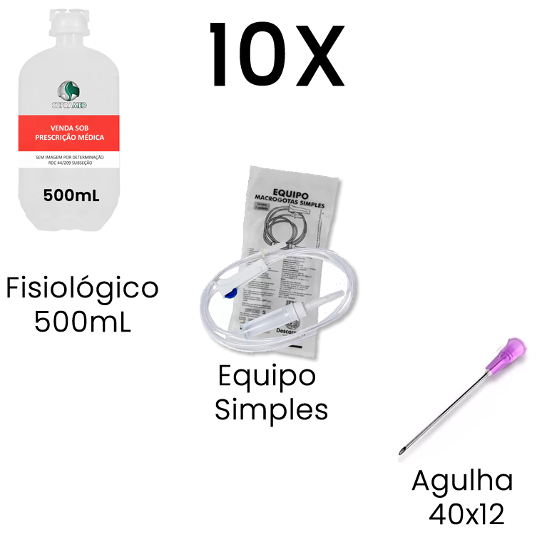 KIT 10x Soro Fisiológico 500mL Frasco / 10x Agulha 40x12 / 10x Equipo Macrogotas Simples