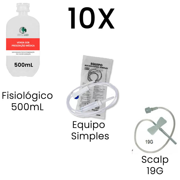 KIT 10x Soro Fisiológico 500mL Frasco / 10x Escalpe 19G / 10x Equipo Macrogotas Simples