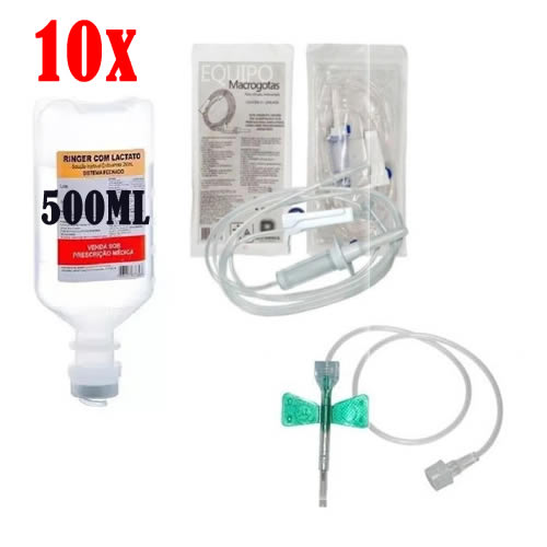 Kit c/ 10 Solução Ringer com Lactato 500 mL+ 10 Equipo Macrogotas + 10 Escalpe 19G (FRASCO) - SupraMed