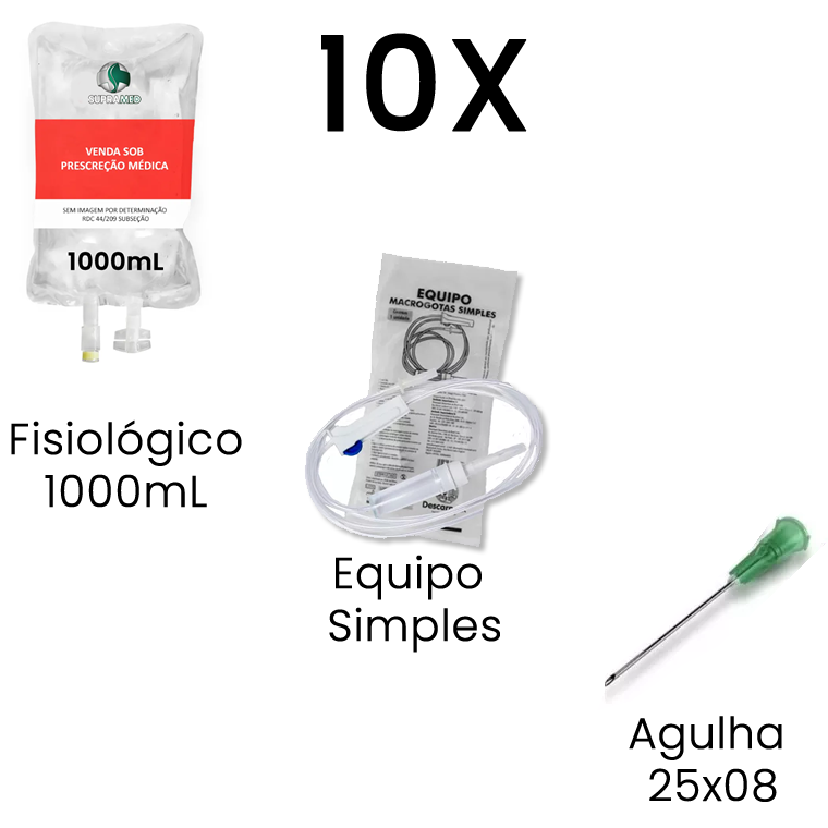 Kit 10x Soro Fisiológico / 1000mL / Bolsa / 10x Agulha 25x08 / 10x Equipo Simples