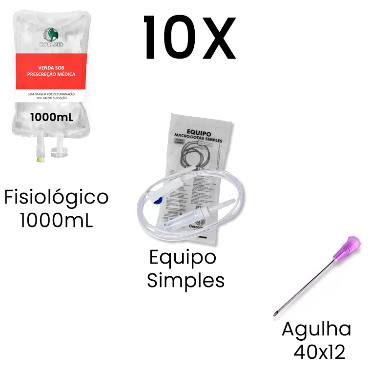 Kit 10x Soro Fisiológico / 1000mL / Bolsa / 10x Agulha 40x12 / 10x Equipo Simples