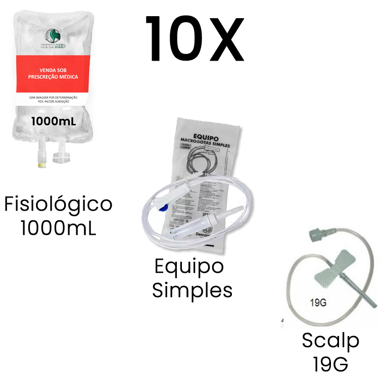 Kit 10x Soro Fisiológico / 1000mL / Bolsa / 10x Escalpe 19G / 10x Equipo Simples