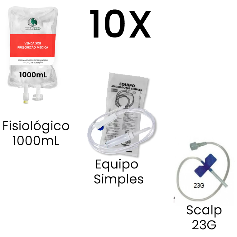 Kit 10x Soro Fisiológico / 1000mL / Bolsa / 10x Escalpe 23G / 10x Equipo Simples
