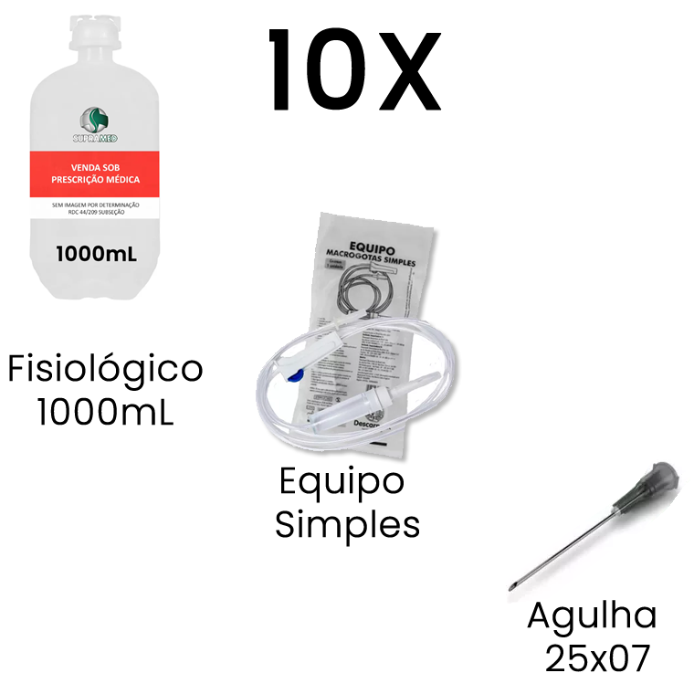 Kit 10x Soro Fisiológico / 1000mL / Frasco / 10x Agulha 25x07 / 10x Equipo Simples