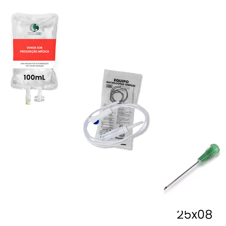 KIT 10x Soro Fisiológico 100mL Bolsa / 10x Agulha 25x08 / 10x Equipo Macrogotas Simples