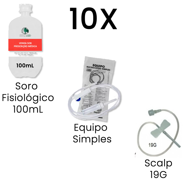 KIT 10x Soro Fisiológico 100mL Frasco / 10x Escalpe 19G / 10x Equipo Macrogotas Simples