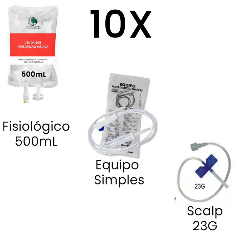 KIT 10x Soro Fisiológico 500mL Bolsa / 10x Escalpe 23G / 10x Equipo Macrogotas Simples