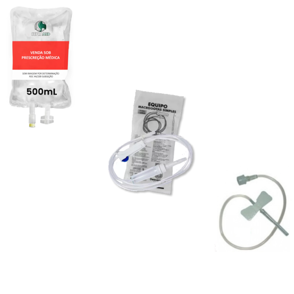 KIT 10x Soro Fisiológico 500mL Bolsa / 10x Escalpe 19G / 10x Equipo Macrogotas Simples