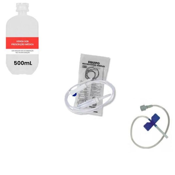 KIT 10x Soro Fisiológico 500mL Frasco / 10x Escalpe 21G / 10x Equipo Macrogotas Simples