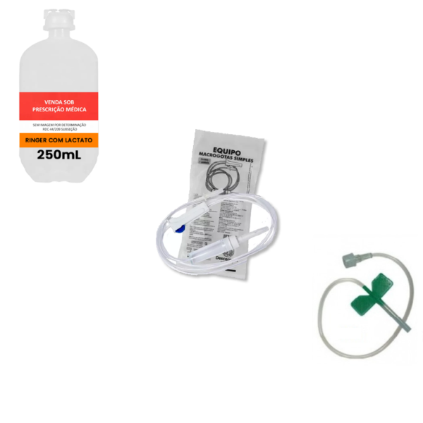 KIT 10x Ringer com Lactato 250mL Frasco / 10x Escalpe 21G / 10x Equipo Macrogotas Simples