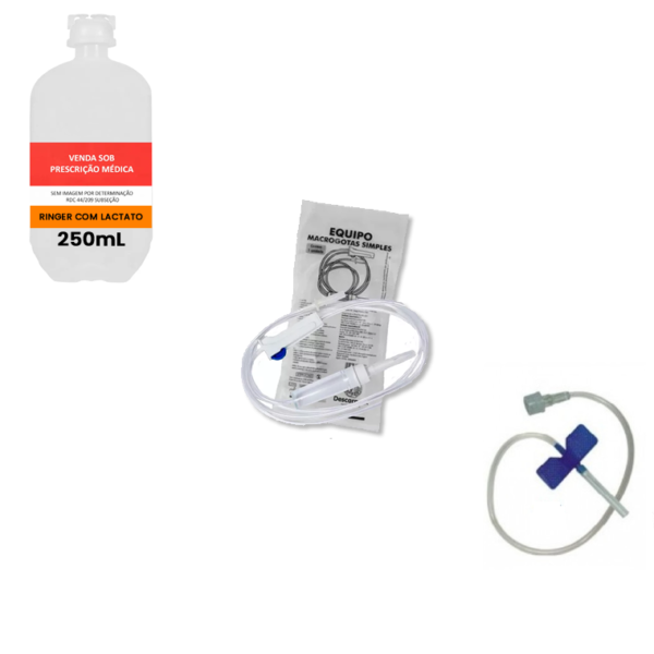 KIT 10x Ringer com Lactato 250mL Frasco / 10x Escalpe 23G / 10x Equipo Macrogotas Simples