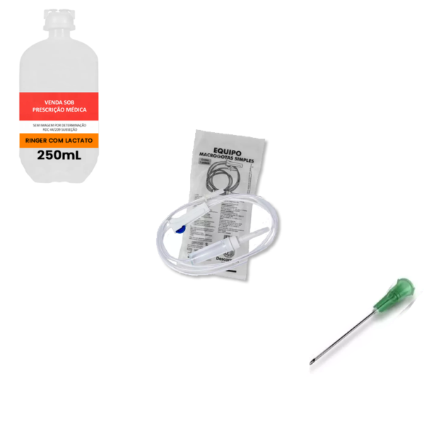 KIT 10x Ringer com Lactato 250mL Frasco / 10x Agulha 25x08 / 10x Equipo Macrogotas Simples